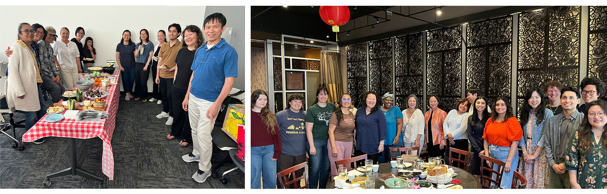 Left: Group gathered around a table with shared food in an office. Right: Larger group standing around a dining table in a restaurant setting.